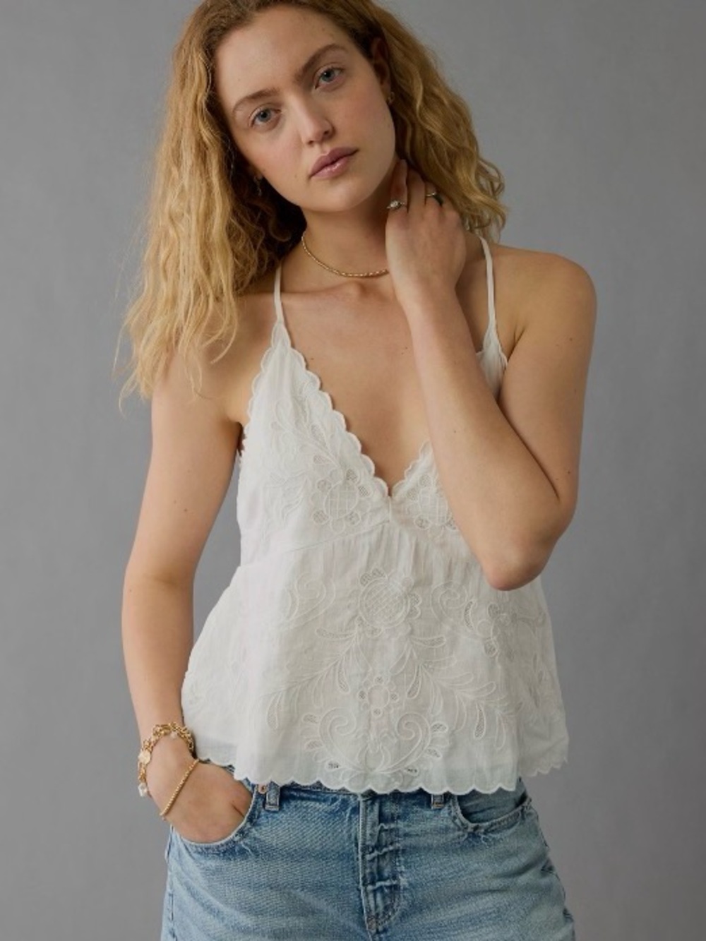 American Eagle V-Neck Embroidered Halter Top